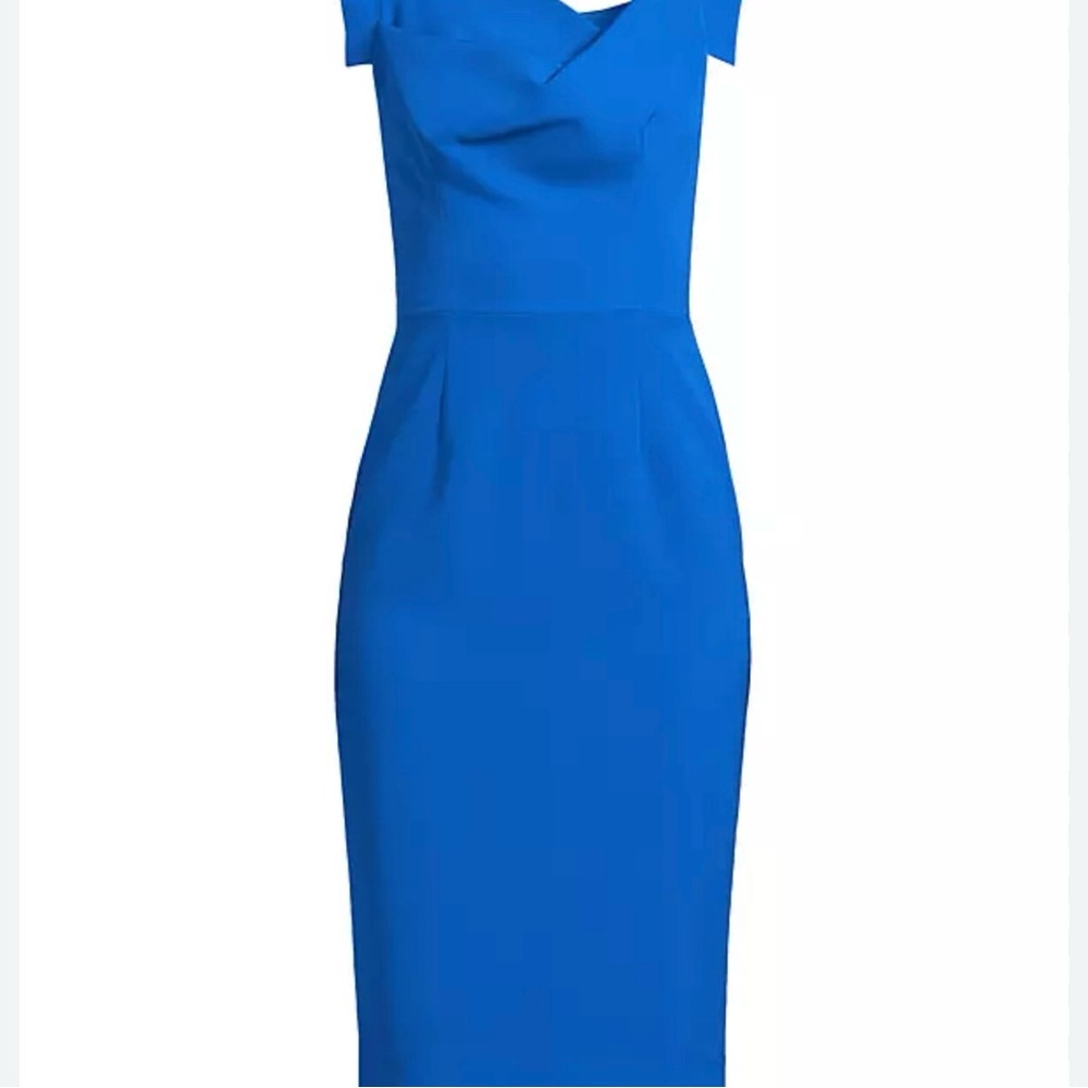 Black Halo Blue Sheath Dress with Cap Sleeves and Cowl Neck